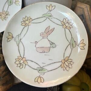 Antique MZ Austria bunny dessert Plates Set of 2 White Gold Gilt children 7”